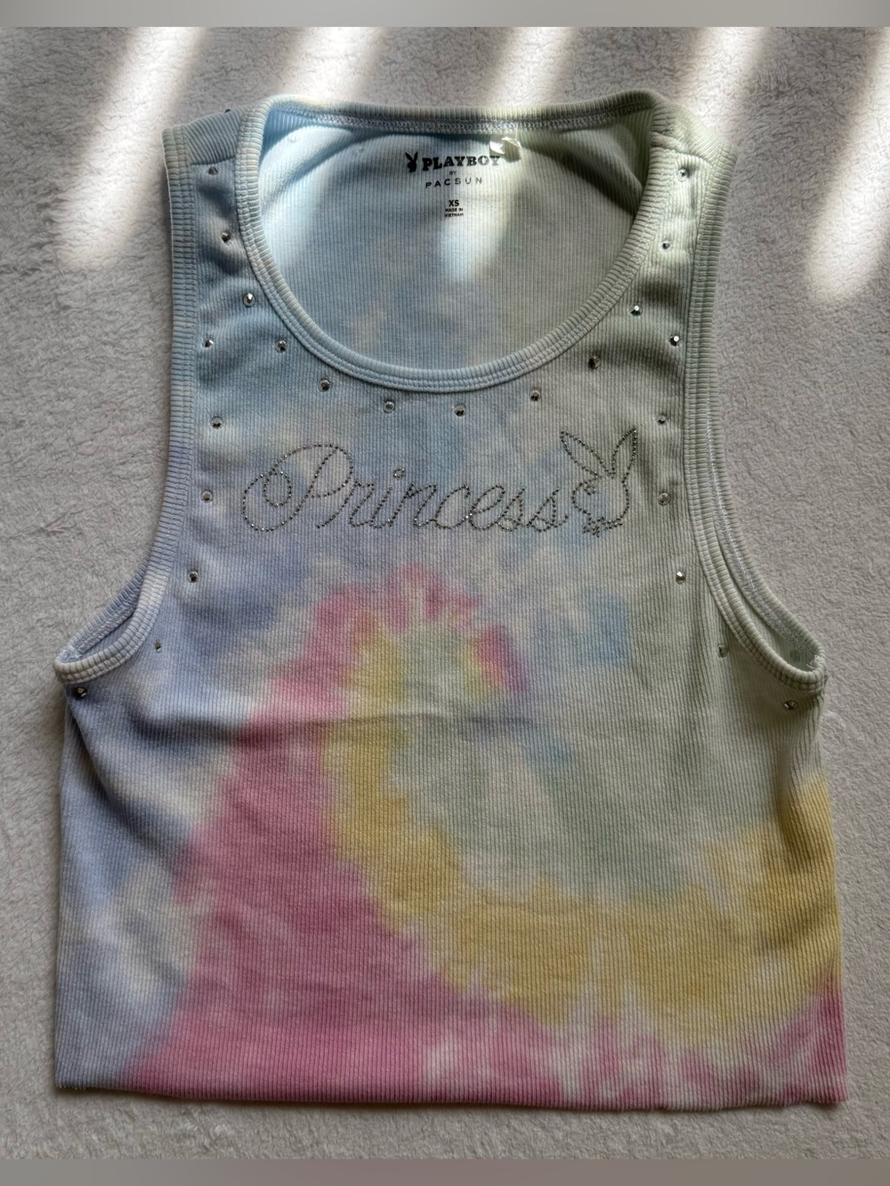 PLAYBOY Pastel Tie-Dye 'Princess' Rhinestone Rib Tank